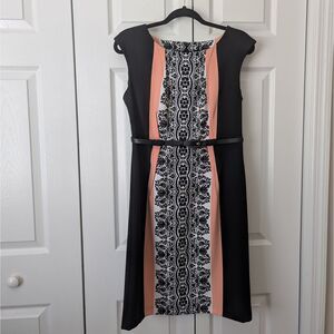 Soho Women’s Sleeveless Sheath Dress Size 8 Black White Pink Damask Belted